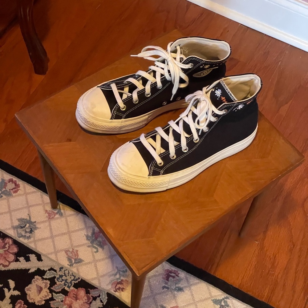Converse Black and White Floral Embroidered Platform High-Top Sneakers